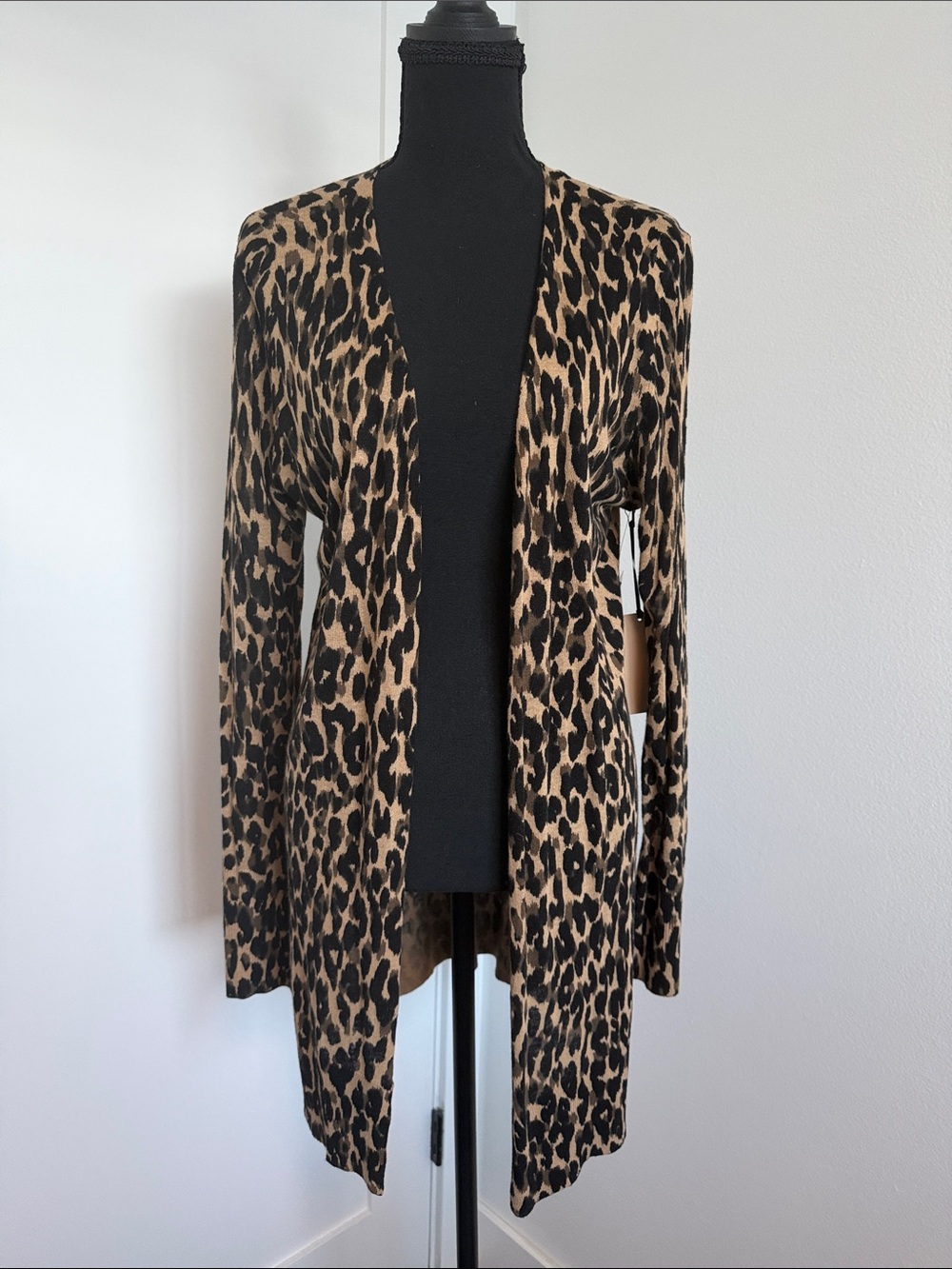 Leopard Print Open-Front Women's Cardigan Sweater - Black & Tan
